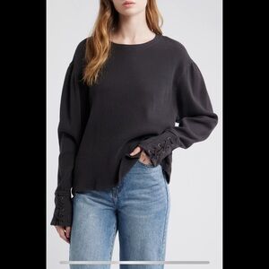 Free People Lapis Lace up cuff cotton thermal top black NWT!